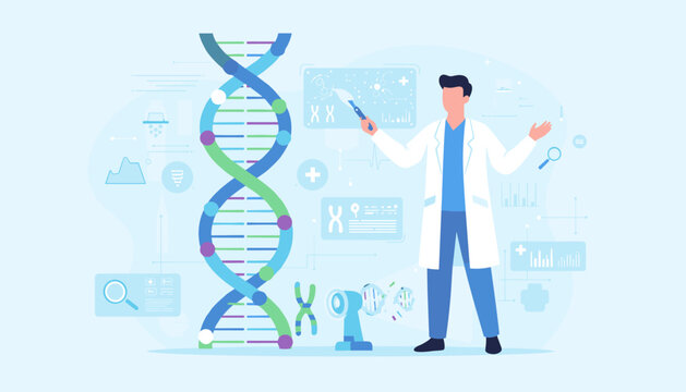Abstract illustration of a scientist in a lab coat pointing at a DNA helix and digital screens displaying genetic data, representing biotechnology, medical research, and scientific discovery in a