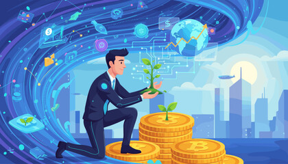 Businessman nurturing a vibrant green tree sprout on a stack of golden coins, symbolizing financial growth and investment in a futuristic digital world with global economic charts and cryptocurrency