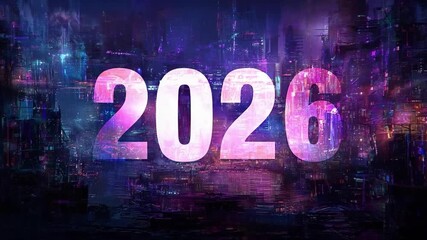 Glowing purple 2026 digits against a futuristic neon cityscape. - Powered by Adobe