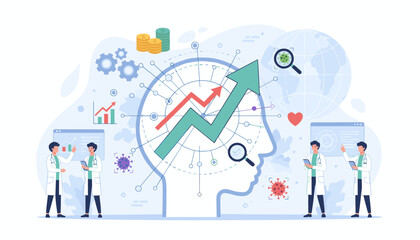 Vivid illustration of healthcare business growth analysis with doctors examining virus data, financial charts, and global health trends, symbolizing scientific research and economic development in