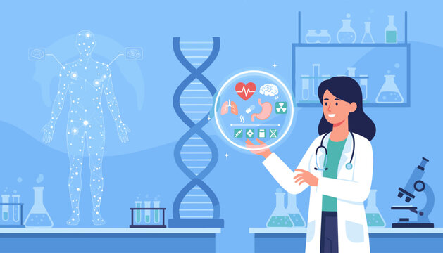 A female healthcare professional in a lab coat with a stethoscope, surrounded by scientific imagery including a DNA helix, a human anatomy diagram, and various medical icons representing organs