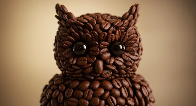 A close-up of a coffee bean owl with large eyes on a beige background