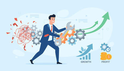 Business concept of optimization and problem-solving, a businessman in a suit uses a wrench to fix tangled mess and gears, symbolizing improvement, growth, and profit with upward arrows and coins.