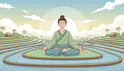 Serene Asian man in traditional green robes meditating in lotus position amidst lush, terraced rice paddies at sunrise, embodying peace and mindfulness in a tranquil rural landscape with small huts