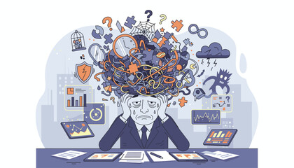 Overwhelmed businessman suffering from severe overthinking, mental stress, and anxiety, with a chaotic tangle of thoughts, symbols of problems, and data visualizations surrounding his head