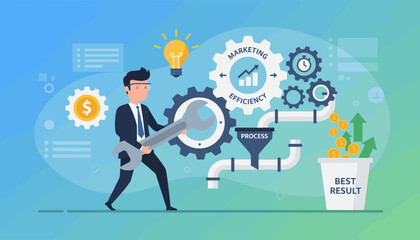 Business concept illustration of a man in a suit adjusting gears representing marketing and efficiency, leading to a process funnel that produces money and best results, symbolizing business growth