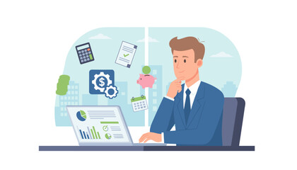 Vivid illustration of a businessman in a blue suit contemplating financial data on his laptop, surrounded by icons representing payroll, finance, and business growth, including coins, a piggy bank