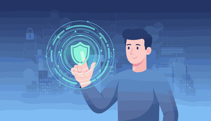 Man's hand touches a glowing digital shield icon, representing cybersecurity and zero trust, against a backdrop of a futuristic city skyline and abstract network elements, symbolizing data protection