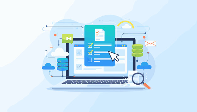 Digital online survey and form checklist on a laptop screen, with a cursor clicking a checkbox, surrounded by cloud computing icons, data servers, and network connections, representing digital data