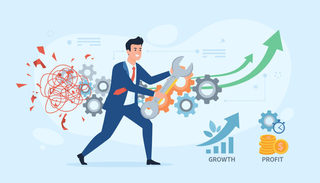 Business concept of optimization and problem-solving, a businessman in a suit uses a wrench to fix tangled mess and gears, symbolizing improvement, growth, and profit with upward arrows and coins.