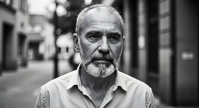 A man with a contemplative expression stands on a city street