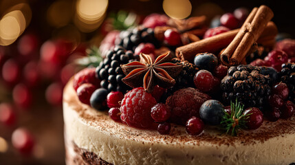 Delicious festive dessert adorned with fresh berries and aromatic spices, creating a warm holiday atmosphere