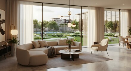 Fototapeta premium Luxurious modern living room with elegant furniture and a panoramic view of a landscaped garden