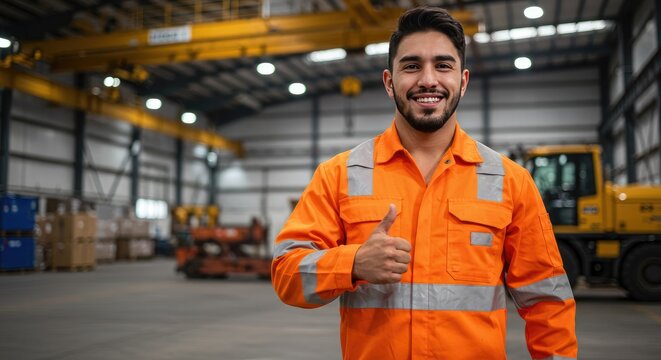A smiling worker, clad in orange safety gear with reflective stripes, gives a thumbs up in a large warehouse setting