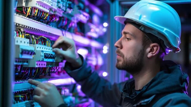 A technician in a blue hard hat works on a server rack, wiring and inspecting networking equipment in a data center.