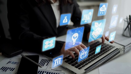 ESG icons show environmental impact, social responsibility, and corporate governance. ESG drives sustainability, ESG investment, ESG reporting, and business growth. Funnel