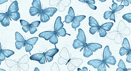 Obraz premium Elegant light blue butterfly pattern with artistic brush strokes creates a natural and soothing aesthetic for backgrounds and designs.