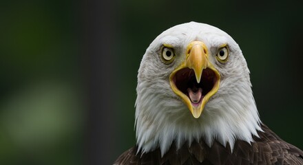 Obraz premium A close-up of a majestic bald eagle with fierce, wide-open beak, displaying its powerful presence against a blurred green backdrop
