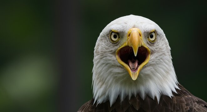 A close-up of a majestic bald eagle with fierce, wide-open beak, displaying its powerful presence against a blurred green backdrop