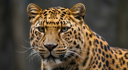 Obraz premium Close-up of a majestic spotted cat, possibly a leopard, with piercing eyes, gazing intently against a blurred natural background