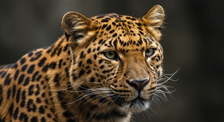 Fototapeta premium Close-up of a majestic spotted big cat with piercing eyes, showcasing its intricate coat against a blurred dark backdrop