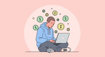 Young man working on laptop surrounded by money symbols.