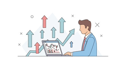 Businessman analyzing stock market data and financial growth on a laptop.