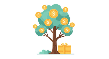 Money tree with golden dollar coins growing on its branches.