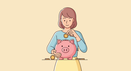 Woman Saving Money in Piggy Bank.