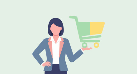 Professional businesswoman holding a shopping cart icon for e-commerce.