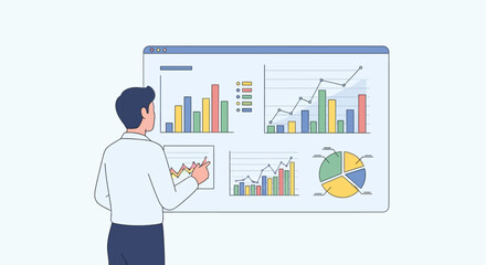 Man analyzing business data on a presentation screen with charts and graphs.