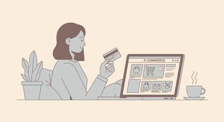 Illustrated woman holding a credit card for online shopping on a laptop.