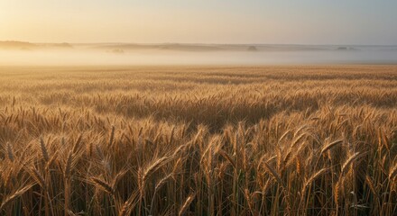 A vast field of golden wheat, bathed in the soft glow of dawn mist, stretching towards a hazy horizon