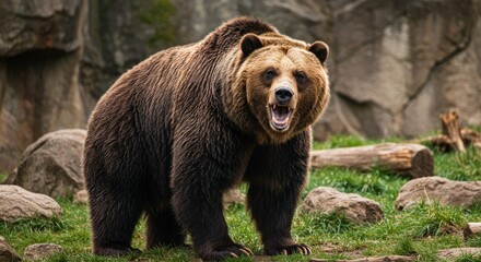 A large, brown, menacing bear stands on grass with an open mouth, showcasing teeth. Rocks and a cliff face are the background