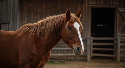 Obraz premium A majestic chestnut horse with a white blaze stands before a weathered wooden barn, bathed in natural light
