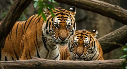 Obraz premium Two majestic tigers rest together, their orange and black stripes contrasting with the muted green foliage and woody branches around