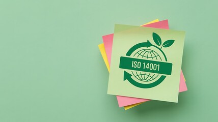 Demonstrate commitment to sustainability and environmental management with the ISO 14001 certification symbol on colorful sticky notes, perfect for business and eco-conscious projects.