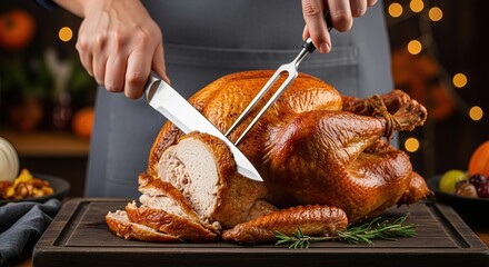 Person carving roasted turkey on wooden board. Festive culinary delight and family tradition. Thanksgiving dinner, holiday celebration, gourmet food.