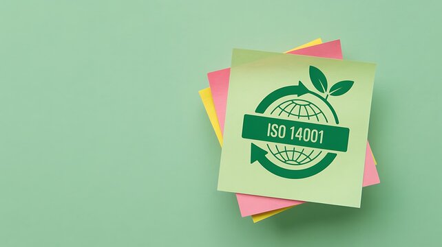 Demonstrate commitment to sustainability and environmental management with the ISO 14001 certification symbol on colorful sticky notes, perfect for business and eco-conscious projects.