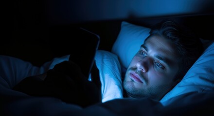 Man in bed at night using a mobile phone. A close-up shot of someone dealing with insomnia. Digital addiction, mental health, technology overuse.