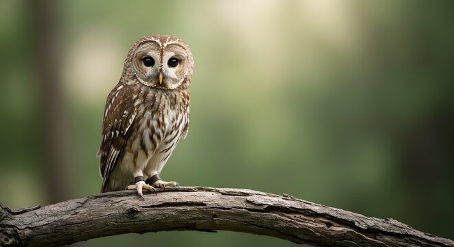 An owl perched on a branch in a serene forest environment viewed from a slight angle