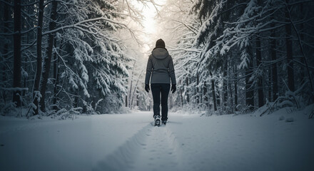 Woman walking snowy trail in a forest during winter evening  