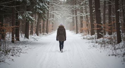 Woman walking on snowy trail through forest in winter  