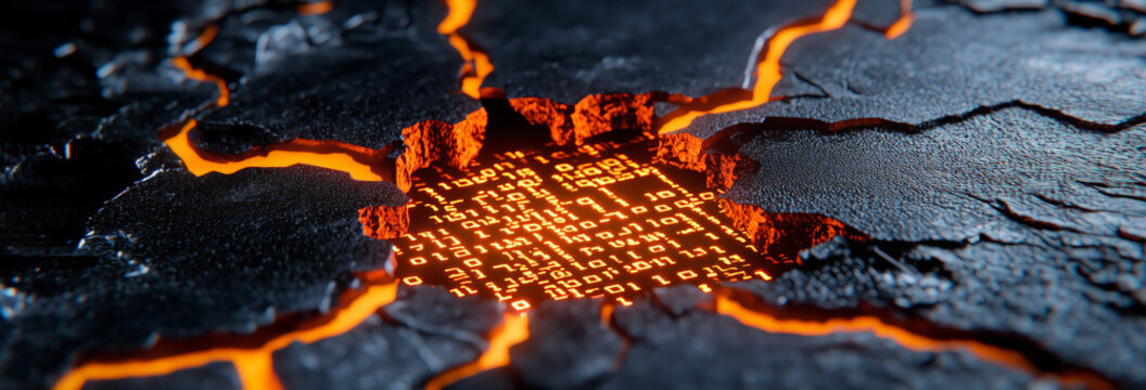  binary code leaking through a crack in a network firewall, illustrating compromised data security.