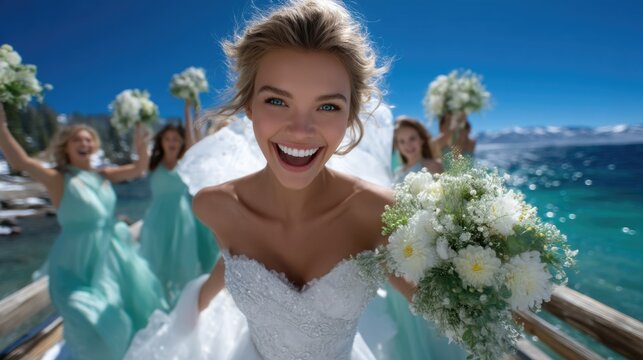 Smiling bride in white wedding dress looks forward holding a fresh white bouquet. Happy bridesmaids cheer at a joyful marriage event by a vast blue lake.