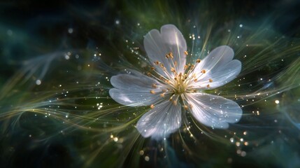 Delicate white flower with five petals ethereal light and bokeh dreamy floral illustration for backgrounds and designs
