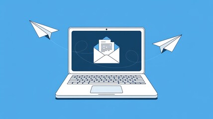 Modern laptop with email marketing and communication concept for business success, sending messages with paper planes on blue background representing global outreach
