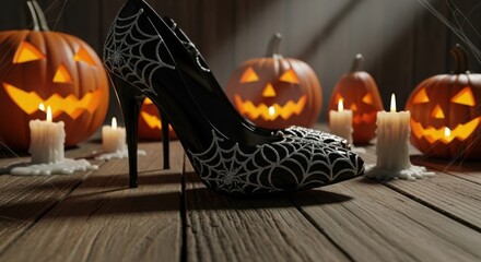 Obraz premium Halloween-themed high heels with pumpkins and candles