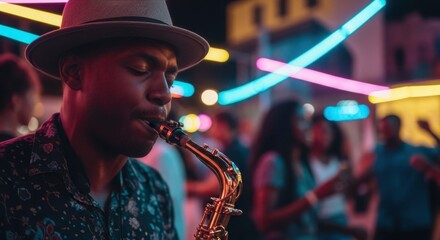 Saxophonist playing in vibrant night festival atmosphere