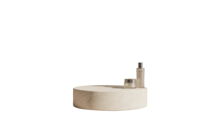 minimal stone podium with torn paper background, beige neutral tones, clean soft shadows, 3D render, product display background, skincare packaging scene, photorealistic lighting